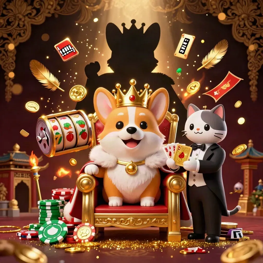 Korgi raja emas dan kucing pelayan di tengah gulungan slot, koin, dan gerbang kuil neon.