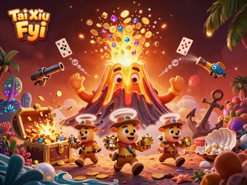 Experience high-energy gaming with Tài Xỉu Fyi as triumphant volcano erupts with coins and treasure.