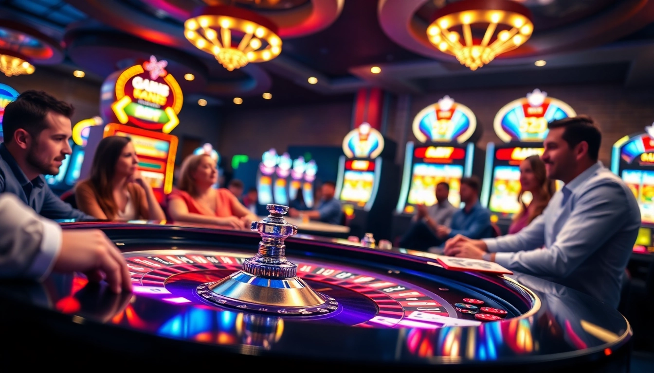 Wortel21 menunjukkan pemain kasino yang bersemangat di meja roulette yang terang.