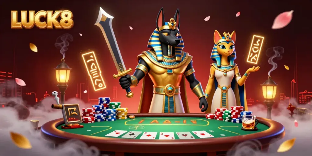LUCK8 shows Anubis and Bastet at a vibrant poker table surrounded by colorful chips.