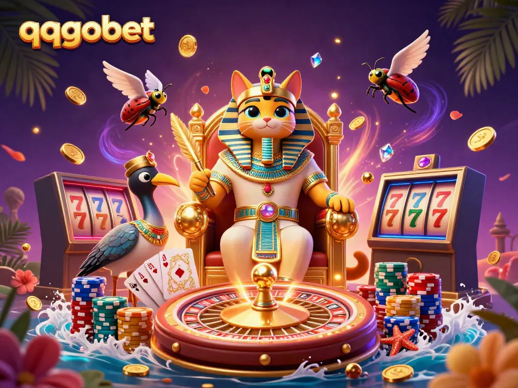 Experience the luxurious theme of qqgobet with a vibrant pharaoh cat and dynamic casino elements.