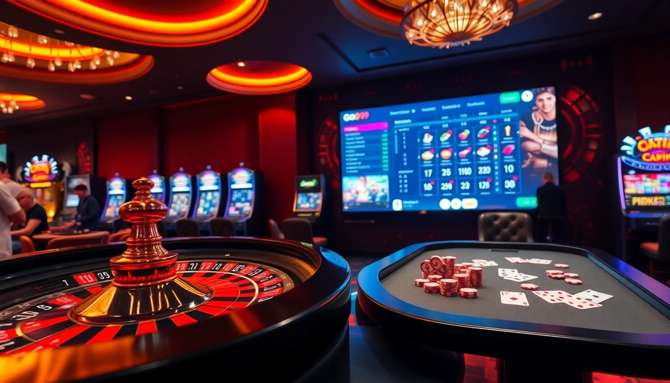 Experience the excitement of Go 99 at a luxurious casino gaming table featuring vibrant roulette wheels, card games, and slots.