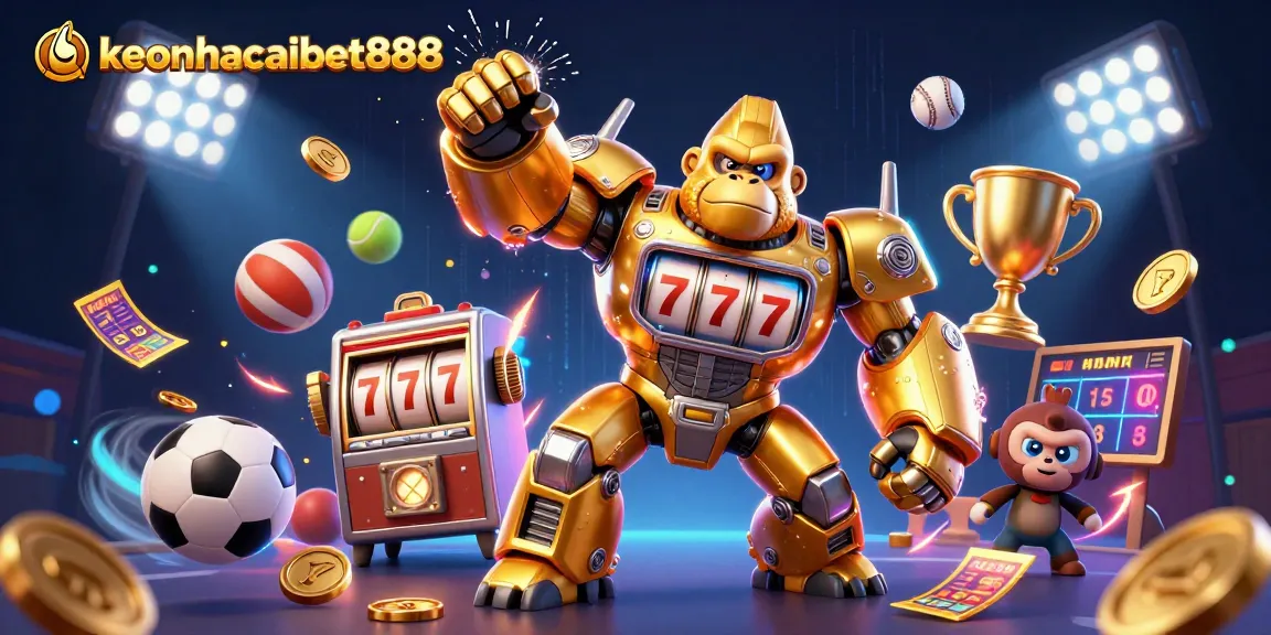 Engage with the dynamic excitement of keonhacaibet888 featuring a golden gorilla mech and sports elements.