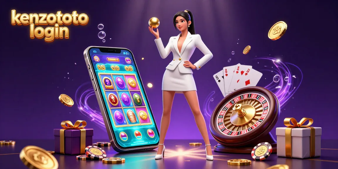 Experience the thrill of kenzototo login with a stunning casino-themed illustration featuring a confident Asian woman showcasing a roulette ball.