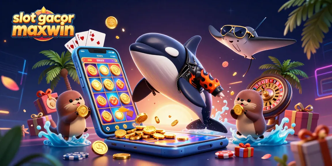 Menangkan slot gacor maxwin dengan ilustrasi 3D orca, ikan pari, dan berang-berang, menampilkan permainan kasino.