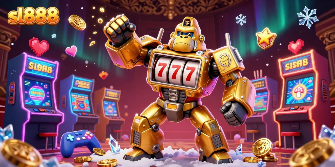 Experience the excitement of sl888 with a dynamic 3D gorilla mech punching through a colorful casino.