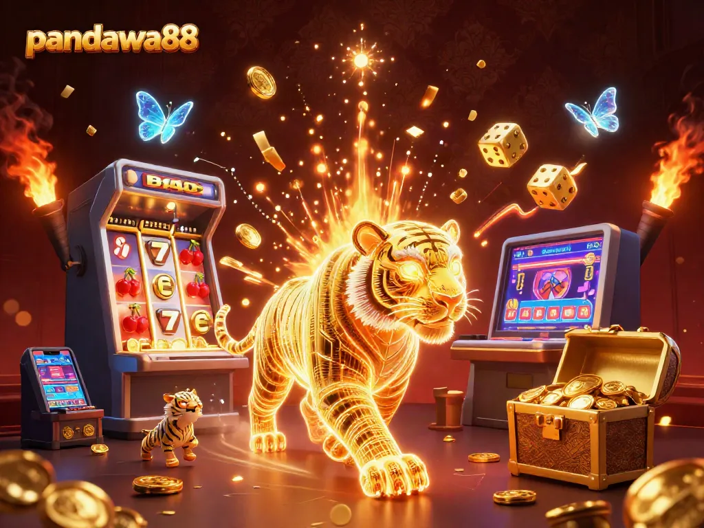 Memutar jackpot pandawa88 di kasino virtual, dengan simbol berkilauan dan naga emas bersinar kebahagiaan.