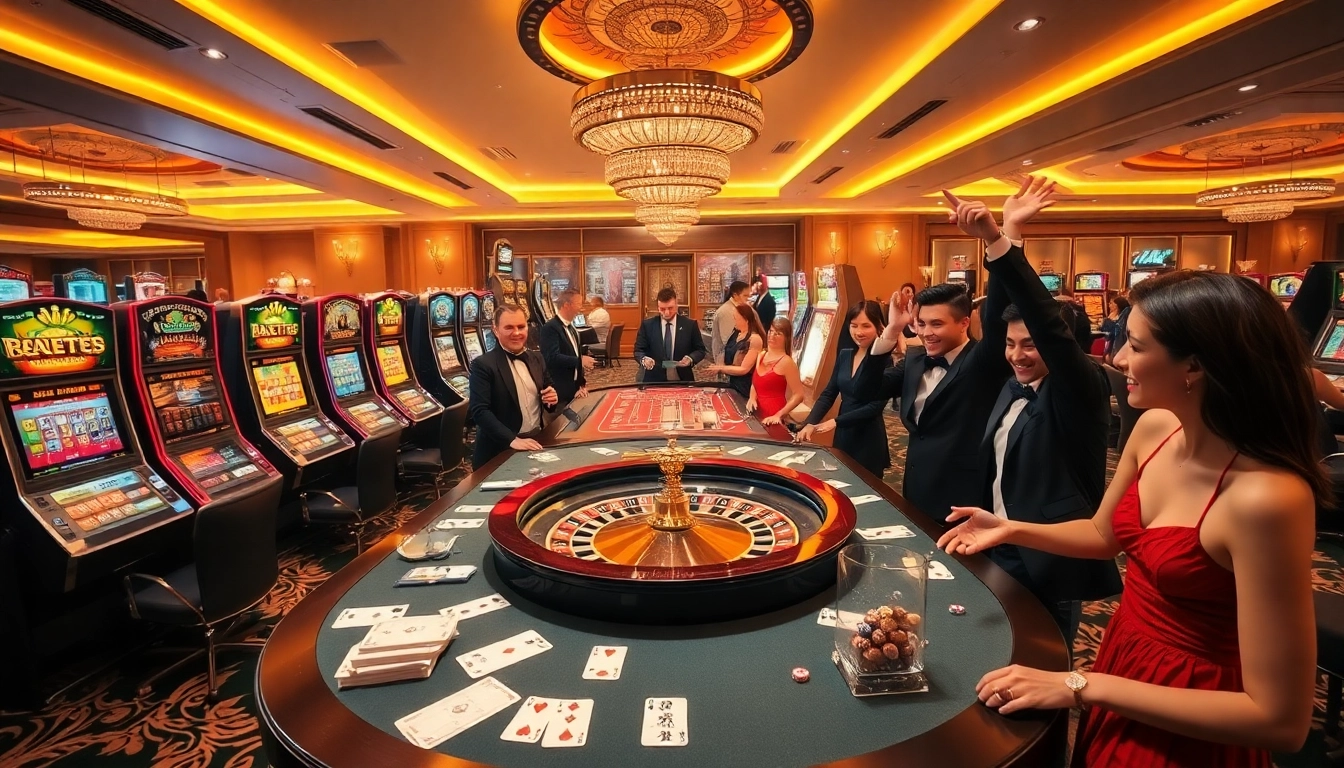 NA777 casino scene showcasing players betting at roulette with excited faces and colorful slot machines.