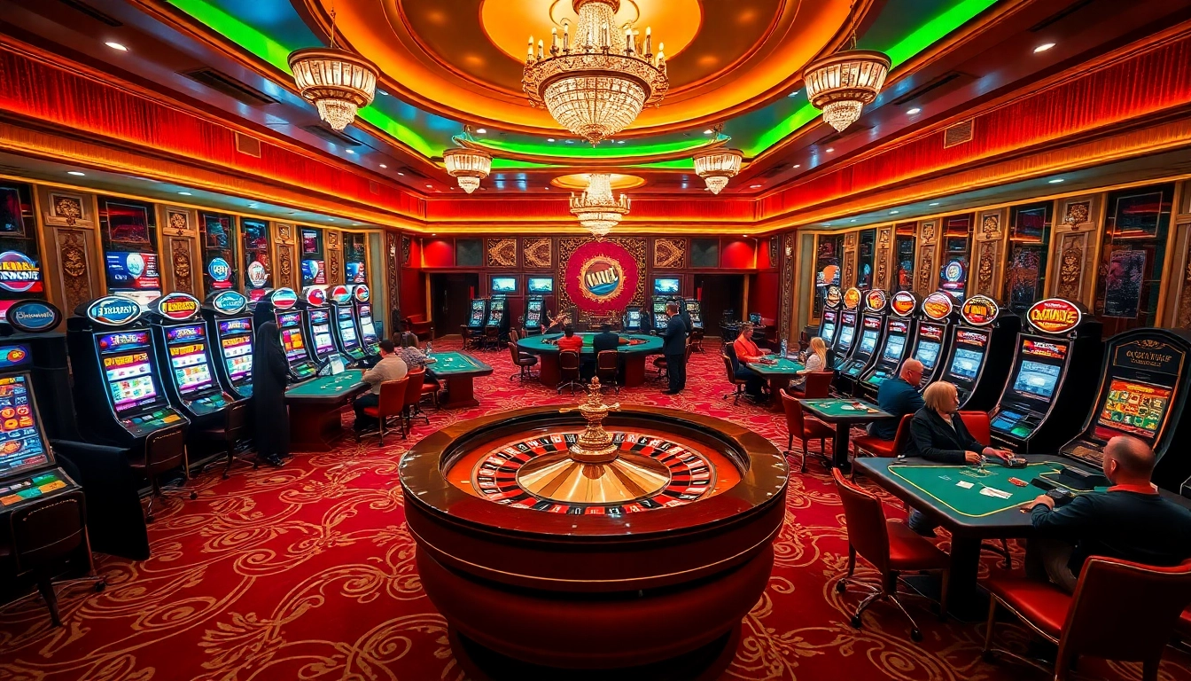 Engaging scene of gamblers at tables and slots at https://go8.live/ casino, showcasing excitement and strategy.