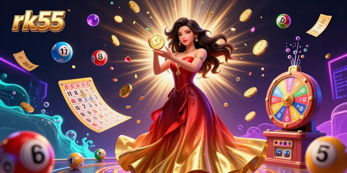 Experience the thrill of RK55 with a dazzling casino-themed scene featuring a stunning woman holding a golden coin.
