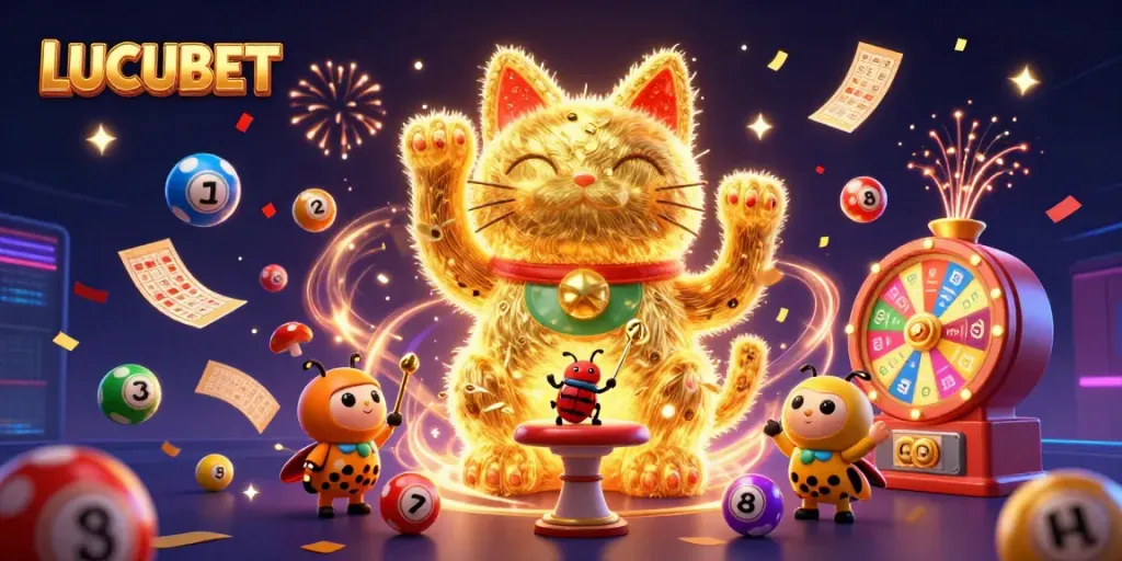 Experience thrilling gameplay at LUCUBET with energetic 3D visuals depicting golden fireflies shaped like a lucky cat.