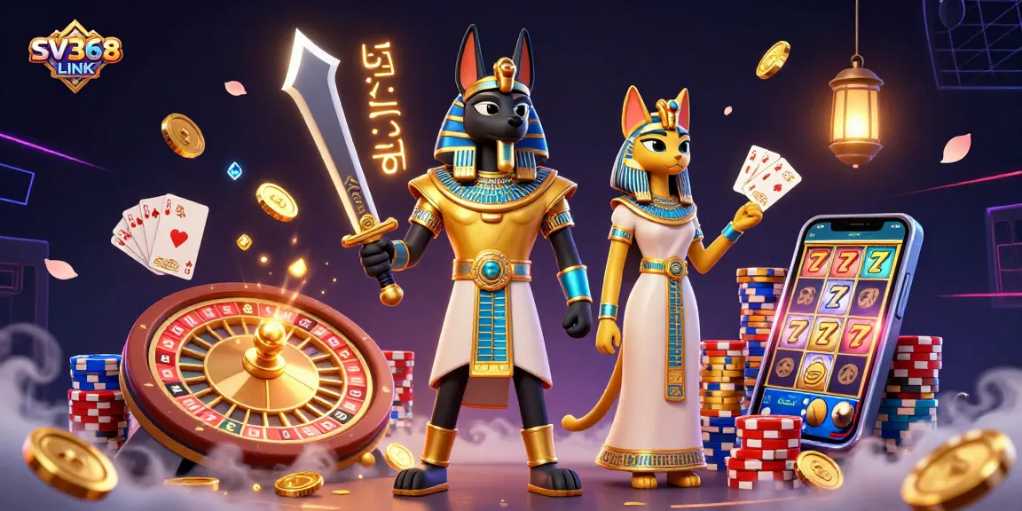 Experience the excitement of SV368 LINK with a vibrant 3D illustration showcasing Anubis and treasure amidst a gambling scene.