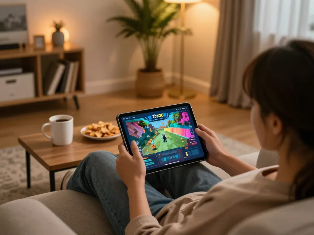 TẢI GO88 mobile app gameplay in a cozy home setting with a tablet displaying game interface.