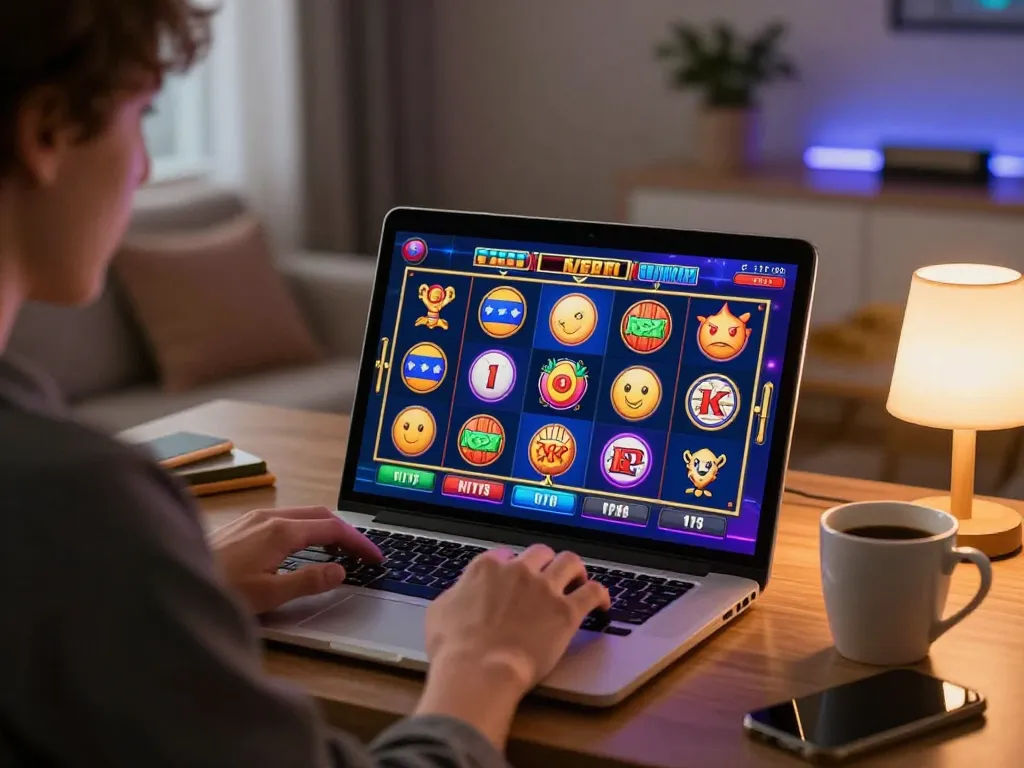 Player enjoying slots on their laptop, discovering winning opportunities at situs slot gacor.