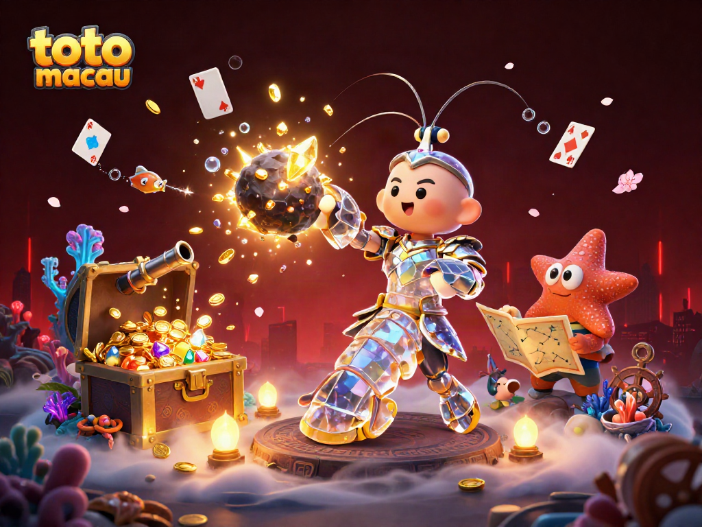 Menggali keseruan toto macau dengan karakter 3D, semburan koin emas dan harta terpendam di bawah laut.