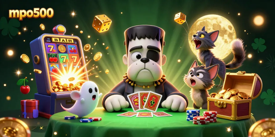 Bermain kartu dengan mpo500: Frankenstein bulldog dan kucing werewolf di meja kasino yang memukau.