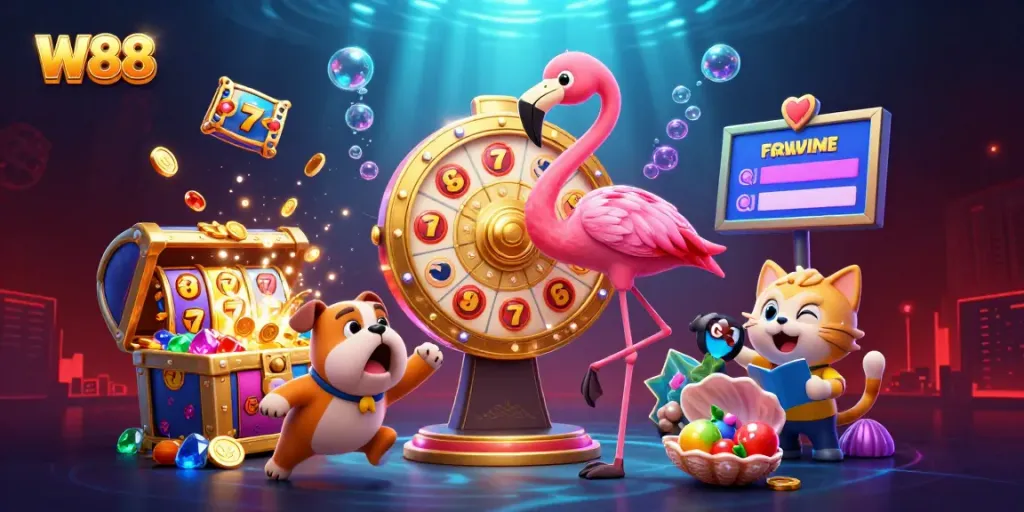 Spin the W88 prize wheel surrounded by treasures in an exciting casino adventure