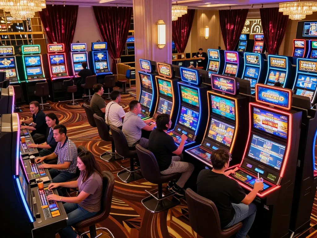 IDNSCORE gaming excitement at modern slot machines with players engaged in dynamic gameplay