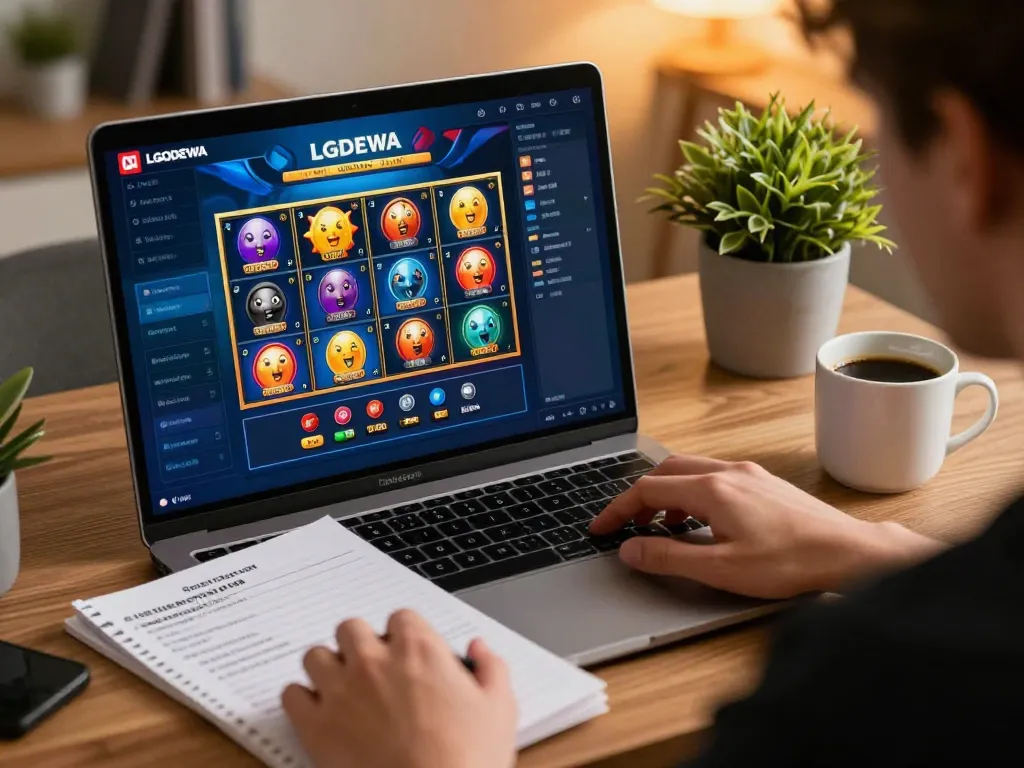 Player engaging with LGODEWA demo slots on laptop, illustrating online gambling strategy