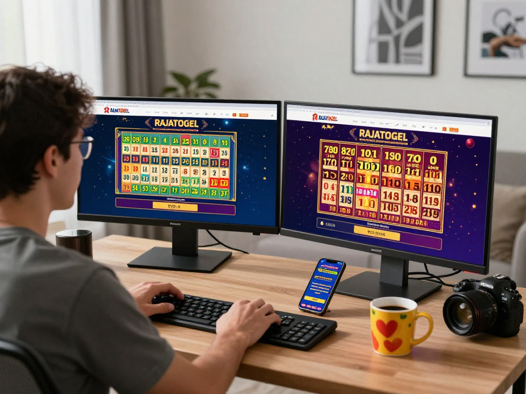 Pengguna rajatogel memainkan permainan togel Toto 4D di meja kerja modern, dengan grafik warna-warni di layar dan suasana nyaman.