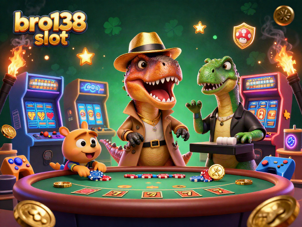Engage with bro138 slot while cartoon dinosaurs add excitement at a vibrant casino scene.