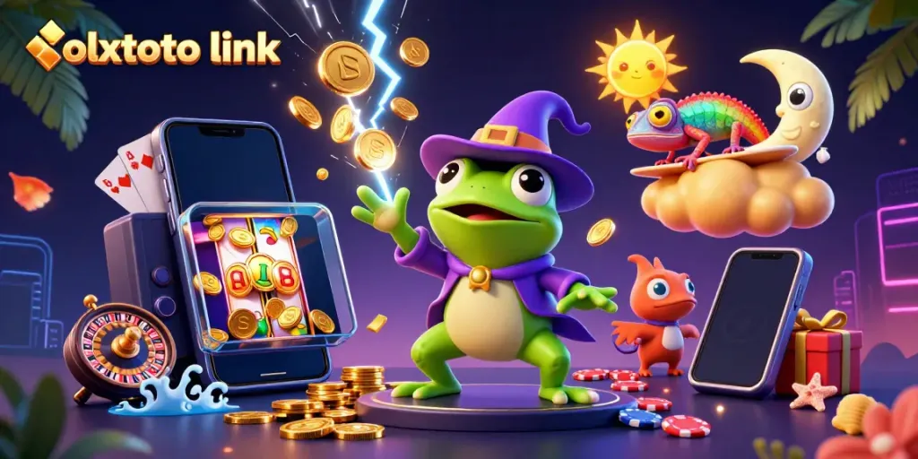Engage with the magical olxtoto link experience featuring a vibrant scene of a weather wizard frog, rainbow chameleon, and casino elements