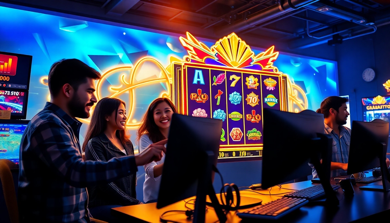 Exciting scene of players enjoying asupantoto online gaming on vibrant slot machines.