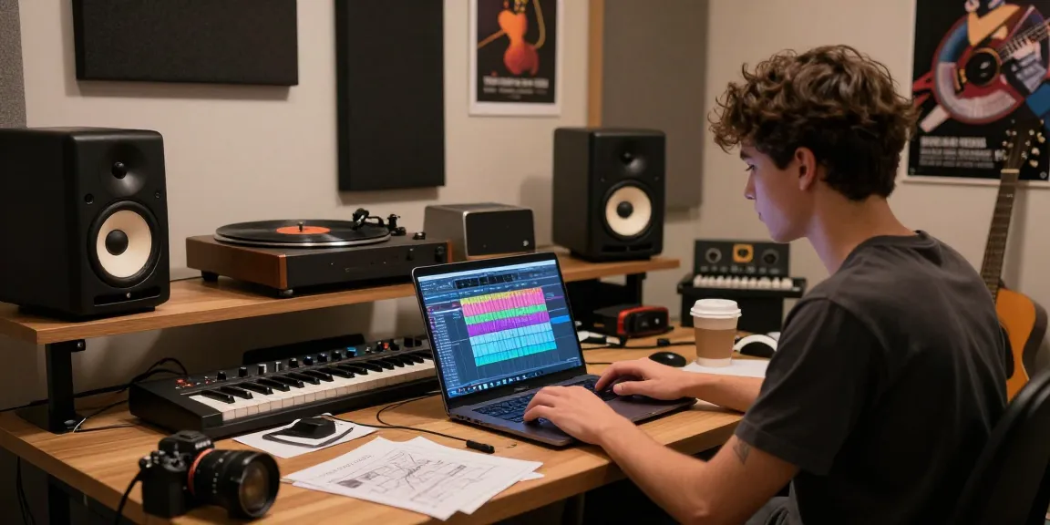 Studio musik modern dengan BOS 88 sebagai alat bantu produksi di desktop.