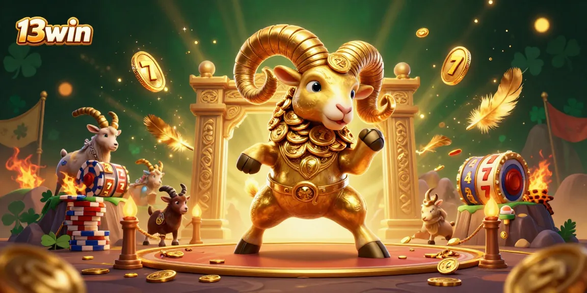 Experience thrilling gameplay with 13win's golden ram charging through a vibrant casino scene filled with slot reels and gold.
