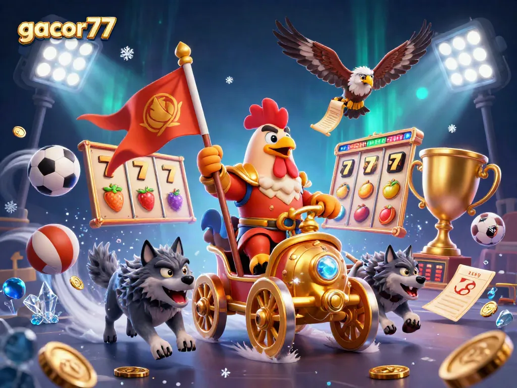 Gacor77 menunjukkan kombinasi gambar menarik dari kasino dengan simbol slot dan elemen olahraga yang memukau.