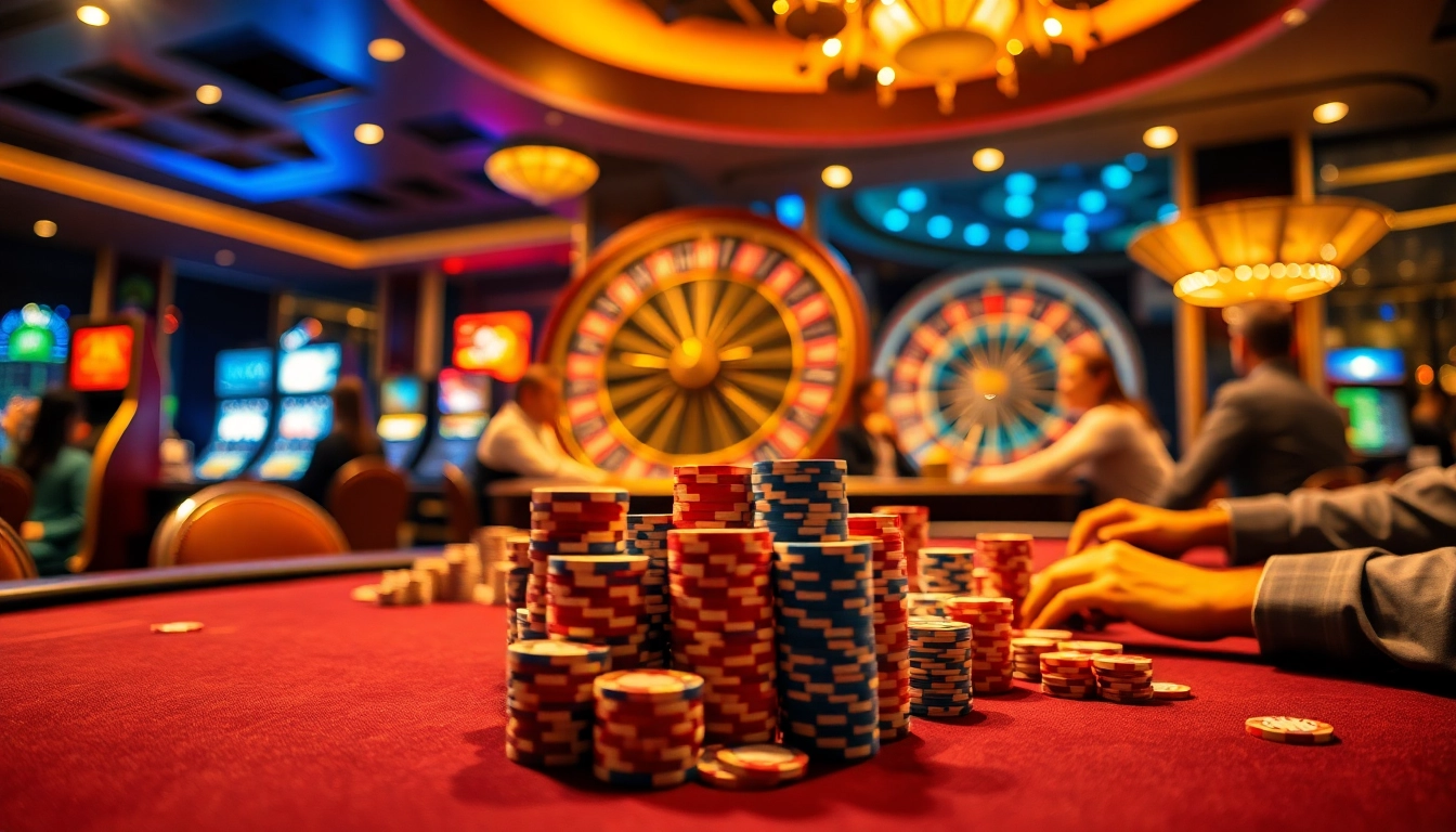 Para pemain poker yang bersemangat terlibat dalam permainan taruhan tinggi dengan chip Emas Toto dan suasana kasino yang dinamis.
