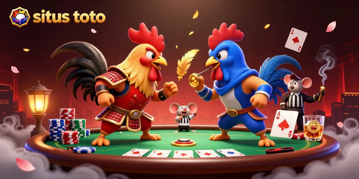 Gambarlah situs toto dengan ayam jantan bertarung di depan meja poker yang dinamis dan menawan.
