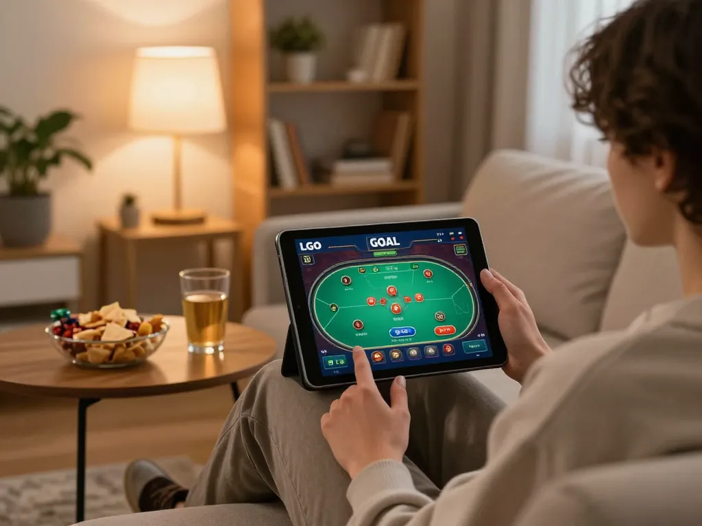 LGO GOAL online gaming experience with person playing poker on a tablet in a cozy home setting.