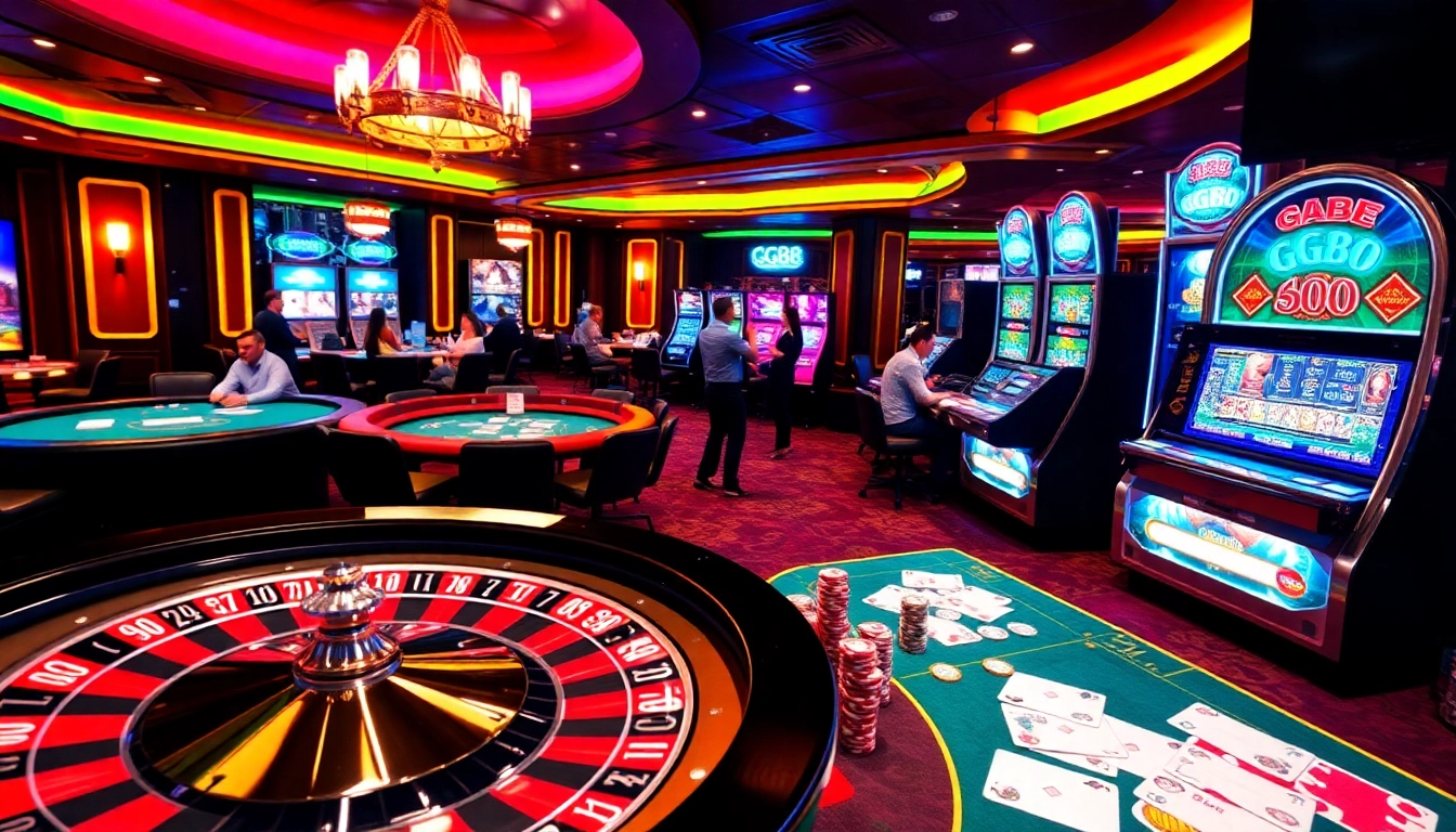 Engage with thrilling games at GG88, showcasing vibrant poker chips and roulette wheels.