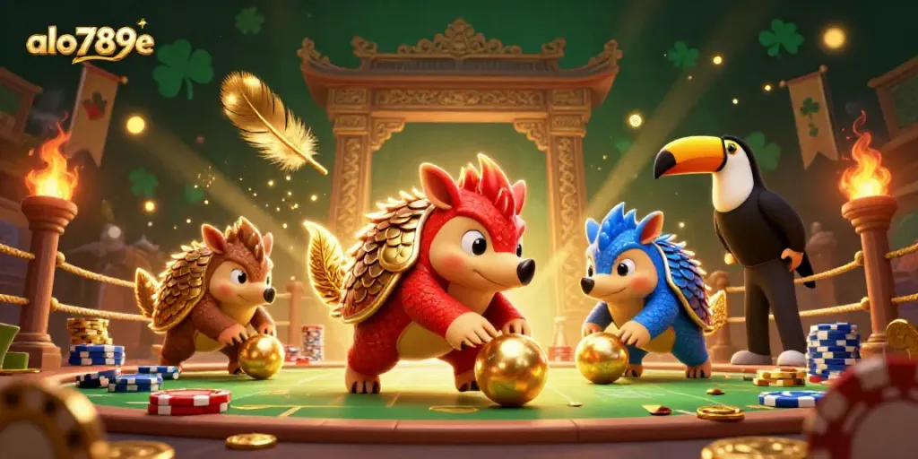 Compete with "alo789e" in a vibrant gambling scene featuring rival pangolins and a colorful casino background.