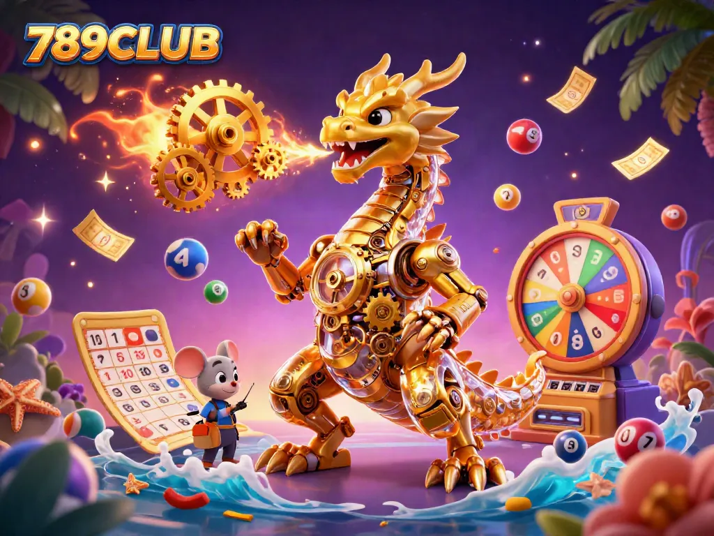 Experience the charm of 789CLUB with a magical dragon spewing golden gears amidst colorful lottery balls.