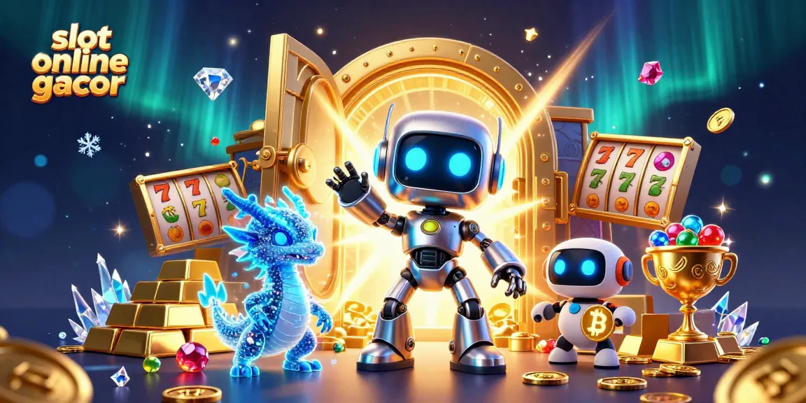 Menangkan slot online gacor dengan robot cyberpunk dan harta karun di latar belakang yang menawan.