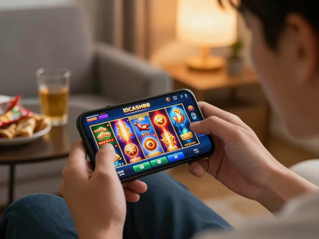 Engaging player exploring IDCASH88 slot games on their smartphone, enjoying a cozy gaming atmosphere.