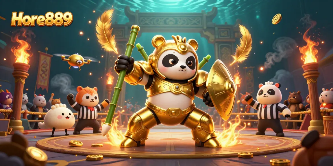 Experience the thrill of Hore889 with golden panda and dynamic casino elements in an exciting 3D illustration.