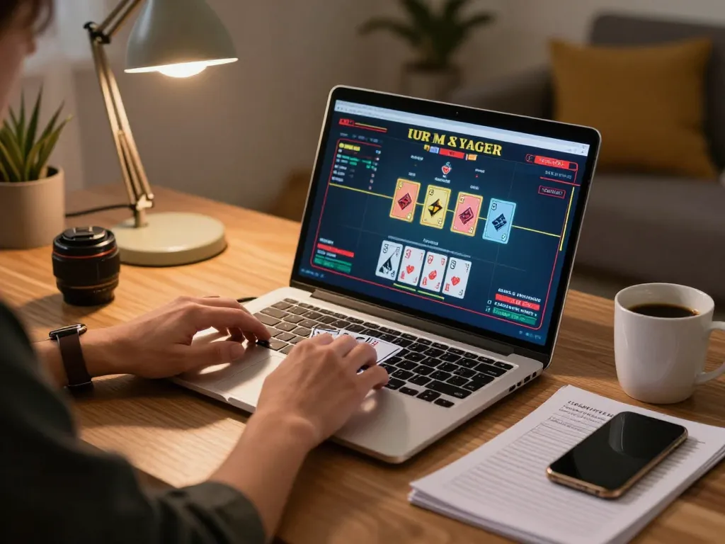 IDNSCORE player engaging in live dealer game on laptop, showcasing effective online gaming strategy