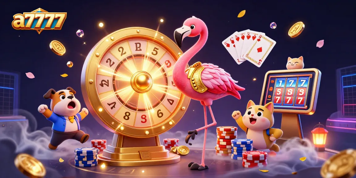 Engage in thrilling casino excitement with a7777, featuring vibrant game characters and golden prizes.