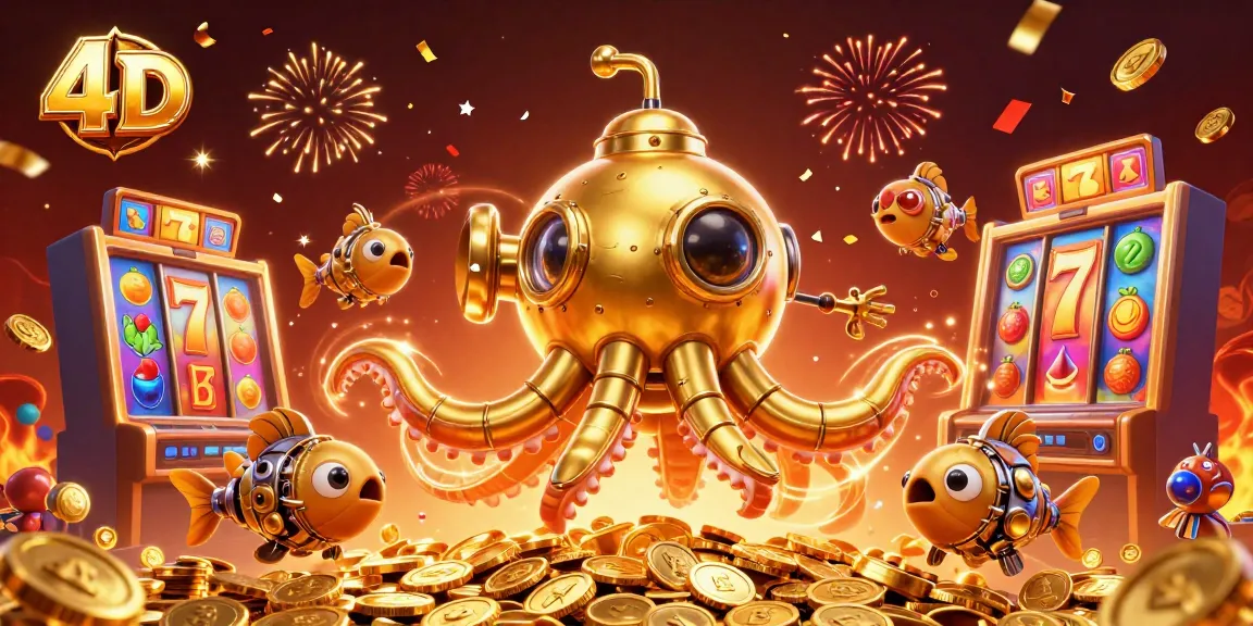 Join the thrilling adventure of 4D casino gaming with a golden kraken submarine amidst stack of slot machines and golden coins.