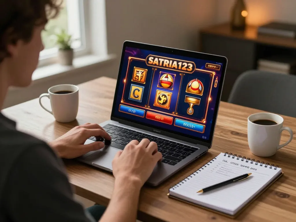 Player enjoying online slots on SATRIA123 with coffee and strategy notes at home.