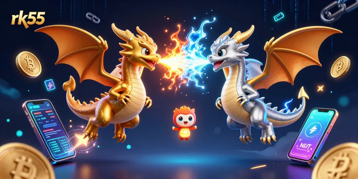 Play exciting games at rk55, featuring golden and silver dragons amidst cryptocurrency elements.