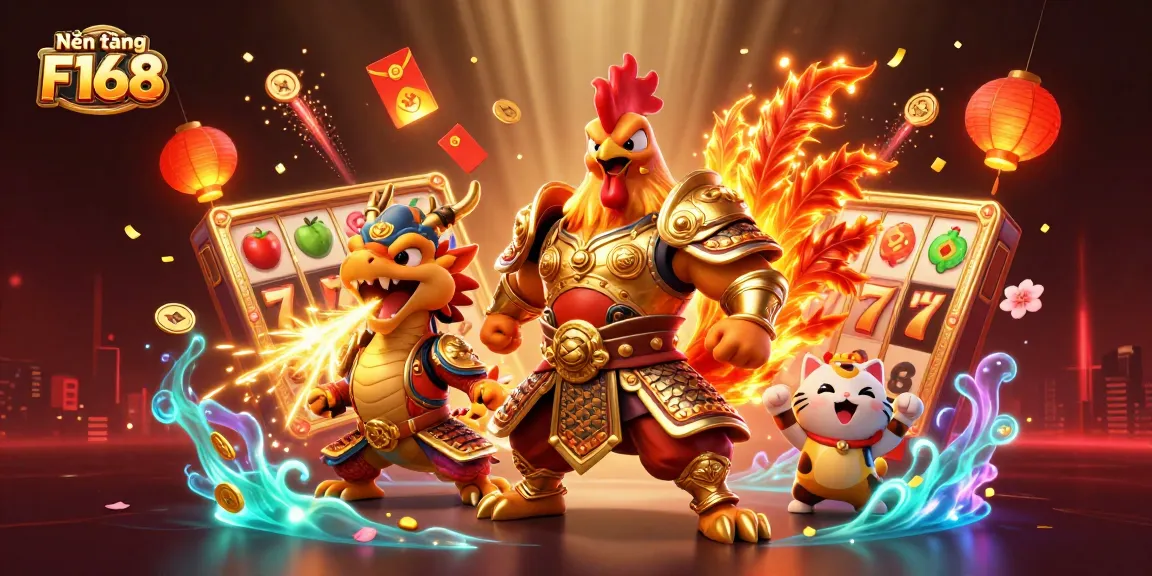 Nền tảng F168 showcases engaging gaming elements like roaring dragons, jackpots, and festive lanterns in a vibrant casino scene.