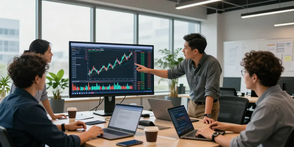 Team analyzing link slot strategies in an innovative trading office environment with dynamic data displays.