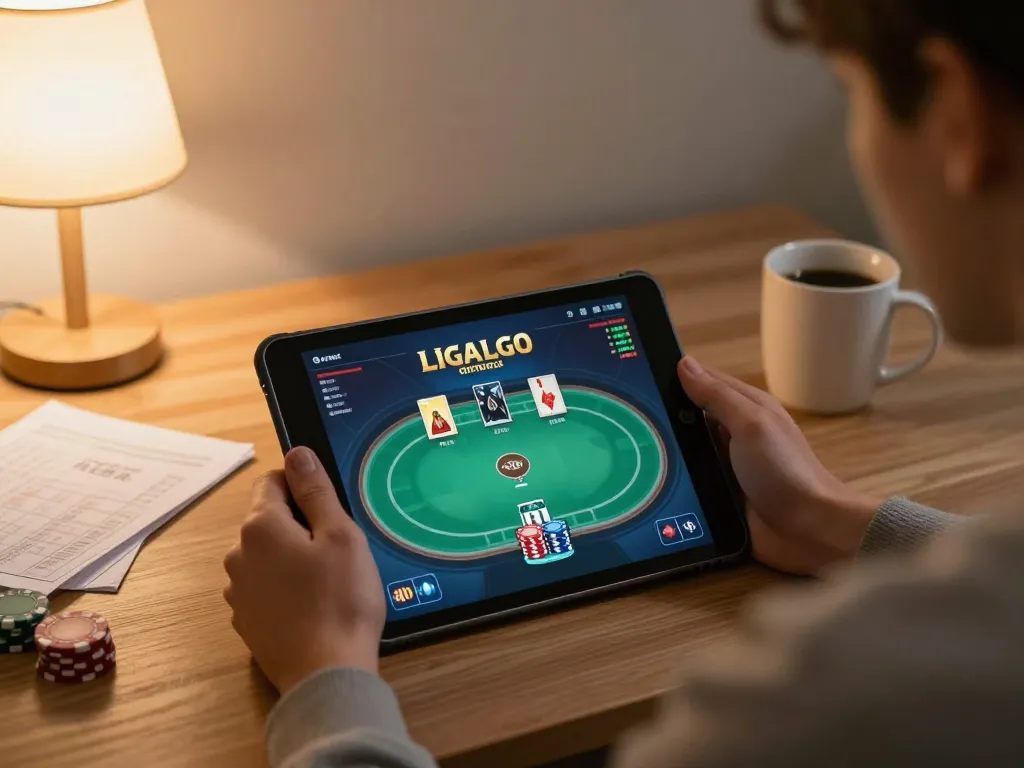 LIGALGO LOGIN enables strategic online gaming experience at home with tablet showcasing poker interface.