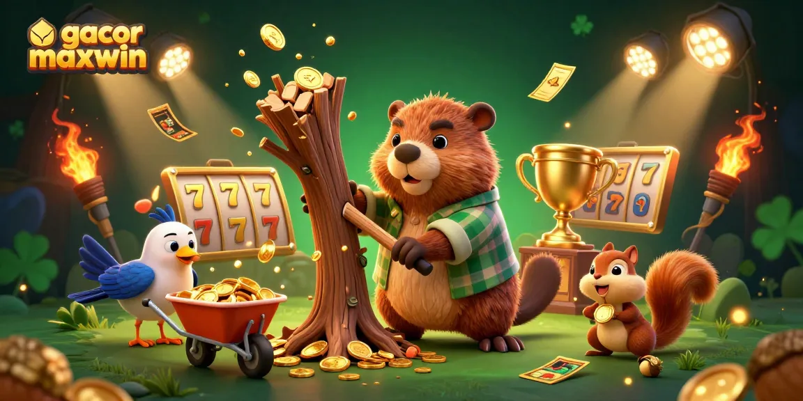 Engage with gacor maxwin slots amidst the golden coin rain from a beaver character, showcasing exciting gaming elements.