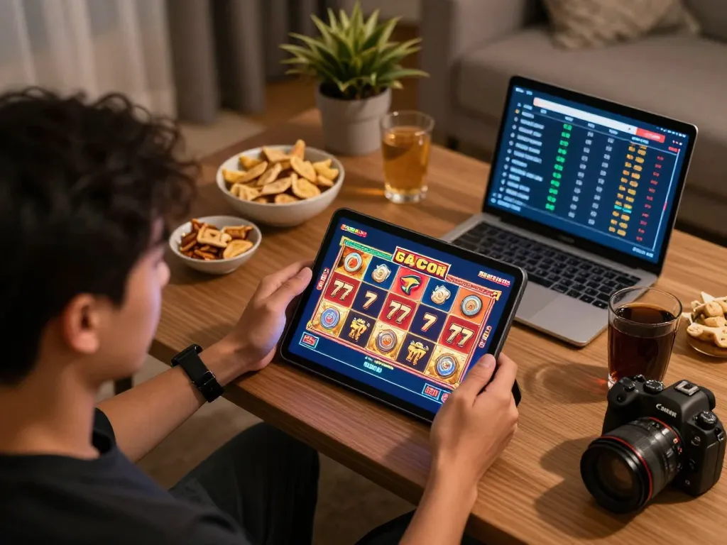 Engaged player celebrating a big win on SLOT GACOR 777 in a cozy home environment.