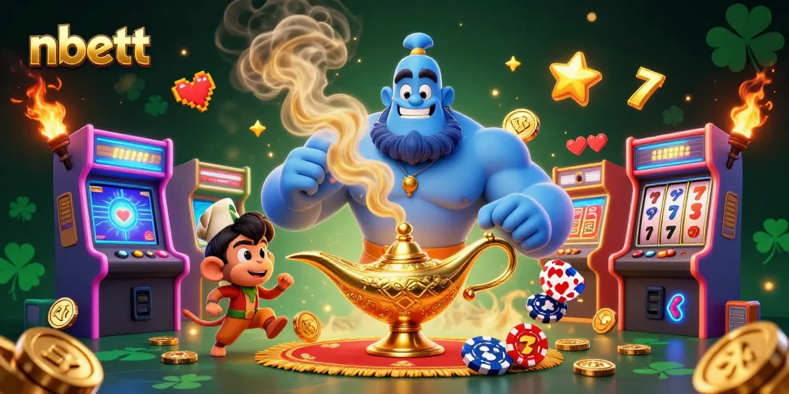 Nbetts offers an engaging illustration featuring a genie, poker chips, and casino elements.